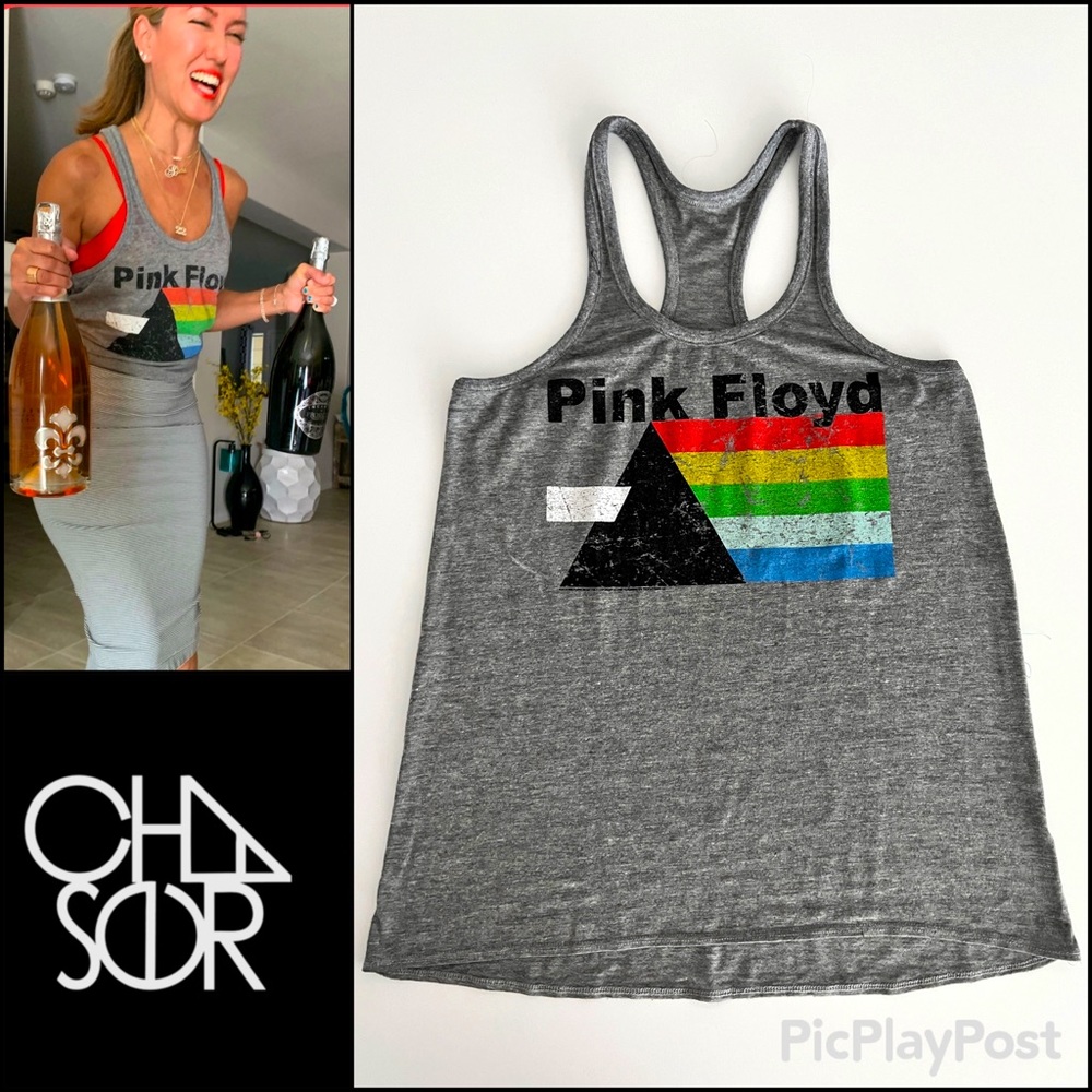 CHASER Pink Floyd Rainbow Dark Side of the Moon Gray Slub Racerback Tunic EUC